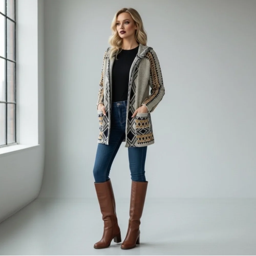 LUCKY BRAND Longline Cardigan Hoodie Open Front Aztec Southwestern Chunky Sz 3X - Picture 14 of 14